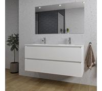 Saniclass Chaci Ensemble meuble de salle de bains - 120x46x55cm - lavabo en céramique blanc - 2 vasques ovales - 2 trous de robinet - 2 tiroirs - miroir rectangulaire - blanc mat SW1212780/SW718719/SW