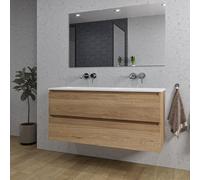 Saniclass Chaci Ensemble meuble de salle de bains - 120x46x55cm - lavabo en céramique blanc - 2 vasques - sans trous de robinet - 2 tiroirs - miroir rectangulaire - chêne SW1212781/SW773928/SW724613