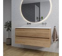 Saniclass Chaci Ensemble meuble de salle de bains - 120x46x55cm - lavabo en céramique blanc - 2 vasques - sans trous de robinet - 2 tiroirs - miroir rond avec éclairage - chêne SW1212781/SW773928/SW16