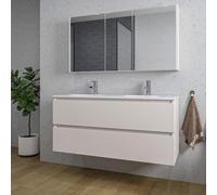Saniclass Chaci Ensemble meuble de salle de bains - 120x46x55cm - vasque en céramique blanche - 2 vasques ovales - 2 trous de robinet - 2 tiroirs - armoire de toilette - cotton mat (beige) SW1212783/S