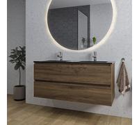 Saniclass Chaci Ensemble meuble de salle de bains - 120x46x55cm - vasque en céramique noire - 2 lavabos - 2 trous de robinetterie - 2 tiroirs - miroir rond avec éclairage - noyer (bois) SW1212779/SW76