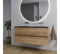 Saniclass Chaci Ensemble meuble de salle de bains - 120x46x55cm - vasque en céramique noire - 2 vasques - sans trous de robinet - 2 tiroirs - miroir rond avec éclairage - chêne SW1212781/SW773933/SW16