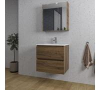 Saniclass Chaci Ensemble meuble de salle de bains - 60x46x55cm - lavabo céramique blanc - 1 vasque ovale - 1 trou de robinet - 2 tiroirs - armoire de toilette - Noyer (bois) SW1212815/SW1212758/SW8120