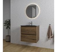 Saniclass Chaci Ensemble meuble de salle de bains - 60x46x55cm - lavabo céramique noir - 1 vasque - 1 trou de robinet - 2 tiroirs - miroir rond avec éclairage - noyer (bois) SW1212758/SW761654/SW10832