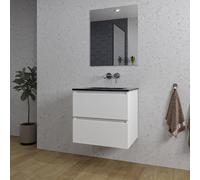 Saniclass Chaci Ensemble meuble de salle de bains - 60x46x55cm - lavabo céramique noir - 1 vasque - sans trou de robinet - 2 tiroirs - miroir rectangulaire - blanc mat SW1212762/SW773930/SW724610