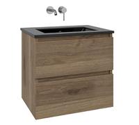 Saniclass Chaci Ensemble meuble de salle de bains - 60x46x55cm - lavabo céramique noir - 1 vasque - sans trou de robinet - 2 tiroirs - chêne SW1212759/SW773930