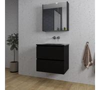 Saniclass Chaci Ensemble meuble de salle de bains - 60x46x55cm - lavabo céramique noir - 1 vasque - sans trou de robinetterie - 2 tiroirs - armoire de toilette - noir mat SW1212760/SW1212815/SW812071/