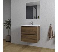 Saniclass Chaci Ensemble meuble de salle de bains - 60x46x55cm - lavabo en céramique blanc - 1 vasque - 1 trou de robinet - 2 tiroirs - miroir rectangulaire - noyer (bois) SW1212758/SW804530/SW724610