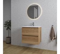 Saniclass Chaci Ensemble meuble de salle de bains - 60x46x55cm - lavabo en céramique blanc - 1 vasque - 1 trou de robinet - 2 tiroirs - miroir rond avec éclairage - chêne SW1212759/SW804530/SW108325