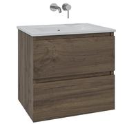 Saniclass Chaci Ensemble meuble de salle de bains - 60x46x55cm - lavabo en céramique blanc - 1 vasque - sans trou de robinet - 2 tiroirs - noyer (bois) SW1212758/SW773925