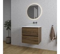 Saniclass Chaci Ensemble meuble de salle de bains - 60x46x55cm - lavabo en céramique blanc - 1 vasque - sans trou de robinet - 2 tiroirs - miroir rond avec éclairage - noyer (bois) SW1212758/SW773925/