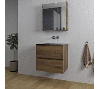 Saniclass Chaci Ensemble meuble de salle de bains - 60x46x55cm - vasque en céramique noire - 1 lavabo - sans trou de robinet - 2 tiroirs - armoire de toilette - noyer (bois) SW1212815/SW1212758/SW8120
