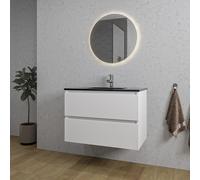 Saniclass Chaci Ensemble meuble de salle de bains - 80x46x55cm - lavabo céramique noir - 1 vasque - 1 trou de robinet - 2 tiroirs - miroir rond avec éclairage - blanc mat SW718709/SW761655/SW108328