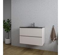Saniclass Chaci Ensemble meuble de salle de bains - 80x46x55cm - lavabo céramique noir - 1 vasque - 1 trou de robinet - 2 tiroirs - cotton mat (beige) SW761655/SW1212765
