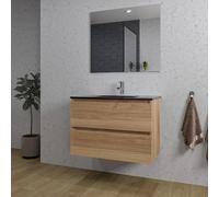 Saniclass Chaci Ensemble meuble de salle de bains - 80x46x55cm - lavabo céramique noir - 1 vasque - 1 trou de robinet - 2 tiroirs - miroir rectangulaire - chêne SW1212767/SW761655/SW724611