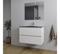 Saniclass Chaci Ensemble meuble de salle de bains - 80x46x55cm - lavabo céramique noir - 1 vasque - 1 trou de robinet - 2 tiroirs - miroir rectangulaire - blanc mat SW1212766/SW761655/SW724611