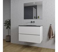 Saniclass Chaci Ensemble meuble de salle de bains - 80x46x55cm - lavabo céramique noir - 1 vasque - sans trou de robinet - 2 tiroirs - miroir rectangulaire - blanc mat SW1212766/SW773931/SW724611