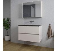 Saniclass Chaci Ensemble meuble de salle de bains - 80x46x55cm - lavabo céramique noir - 1 vasque - sans trou de robinet - 2 tiroirs - armoire de toilette - cotton mat (beige) SW1212765/SW1212816/SW89