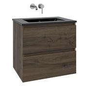 Saniclass Chaci Ensemble meuble de salle de bains - 80x46x55cm - lavabo céramique noir - 1 vasque - sans trou de robinet - 2 tiroirs - noyer (bois) SW1212764/SW773931