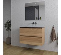 Saniclass Chaci Ensemble meuble de salle de bains - 80x46x55cm - lavabo céramique noir - 1 vasque - sans trou de robinet - 2 tiroirs - miroir rectangulaire - chêne SW1212767/SW773931/SW724611