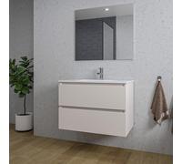 Saniclass Chaci Ensemble meuble de salle de bains - 80x46x55cm - lavabo en céramique blanc - 1 vasque - 1 trou de robinet - 2 tiroirs - miroir rectangulaire - cotton mat (beige) SW1212765/SW804531/SW7
