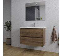 Saniclass Chaci Ensemble meuble de salle de bains - 80x46x55cm - lavabo en céramique blanc - 1 vasque - 1 trou de robinet - 2 tiroirs - miroir rectangulaire - noyer (bois) SW1212764/SW804531/SW724611