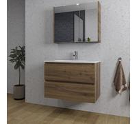 Saniclass Chaci Ensemble meuble de salle de bains - 80x46x55cm - lavabo en céramique blanc - 1 vasque ovale - 1 trou de robinet - 2 tiroirs - armoire de toilette - noyer (bois) SW1212816/SW718717/SW12