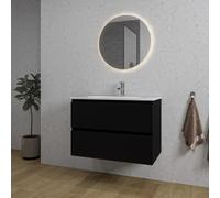 Saniclass Chaci Ensemble meuble de salle de bains - 80x46x55cm - lavabo en céramique blanc - 1 vasque ovale - 1 trou de robinet - 2 tiroirs - miroir rond avec éclairage - noir mat SW1212768/SW718717/S