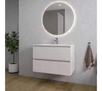 Saniclass Chaci Ensemble meuble de salle de bains - 80x46x55cm - lavabo en céramique blanc - 1 vasque ovale - 1 trou de robinet - 2 tiroirs - miroir rond avec éclairage - coton mat (beige) SW1212765/S