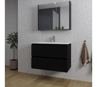 Saniclass Chaci Ensemble meuble de salle de bains - 80x46x55cm - lavabo en céramique blanc - 1 vasque ovale - 1 trou de robinet - 2 tiroirs - armoire de toilette - noir mat SW1212768/SW1212816/SW81207