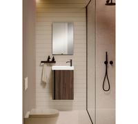 Saniclass Chaci Ensemble meuble lave-mains - 40x55cm - 1 porte - lavabo fontaine en marbre minéral - avec miroir rectangulaire - noyer
