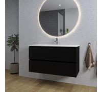 Saniclass Chaci Meuble de salle de bain - 100x46x55cm - lavabo en céramique blanc - 1 vasque - 1 trou de robinet - 2 tiroirs - ronde miroir avec éclairage - noir mat SW1212776/SW804532/SW161922