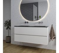Saniclass Chaci Meuble de salle de bain - 120x46x55cm - lavabo en céramique noir - 2 vasques - sans trous de robinet - 2 tiroirs - ronde miroir avec éclairage - blanc mat SW1212780/SW773933/SW161923