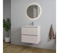 Saniclass Chaci Meuble de salle de bain - 60x46x55cm - lavabo en céramique blanc - 1 vasque - 1 trou de robinet - 2 tiroirs - ronde miroir avec éclairage - mat cotton (beige) SW1212761/SW804530/SW1083