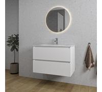 Saniclass Chaci Meuble de salle de bain - 80x46x55cm - lavabo en céramique blanc - 1 vasque ovale - 1 trou de robinet - 2 tiroirs - ronde miroir avec éclairage - blanc mat SW1212766/SW718717/SW108328