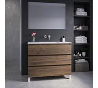 Saniclass Chaci PLUS Ensemble meuble de salle de bains - 100x86x46cm - lavabo en céramique blanc - 1 bac - sans trous de robinet - 3 tiroirs - miroir rectangulaire - noyer (bois) SW1212801/SW724612/SW