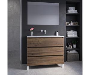 Saniclass Chaci PLUS Ensemble meuble de salle de bains - 100x86x46cm - lavabo en céramique blanc - 1 bac - sans trous de robinet - 3 tiroirs - miroir rectangulaire - noyer (bois) SW1212801/SW724612/SW