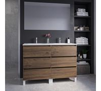 Saniclass Chaci PLUS Ensemble meuble de salle de bains - 120x86x46cm - lavabo en céramique blanc - 2 vasques ovales - 2 trous de robinet - 6 tiroirs - miroir rectangulaire - noyer (bois) 2xSW892695/SW