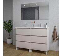 Saniclass Chaci PLUS Ensemble meuble de salle de bains - 120x86x46cm - lavabo en céramique blanc - 2 vasques ovales - 2 trous de robinet - 6 tiroirs - miroir rectangulaire - Cotton mat (beige) 2xSW892