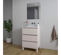 Saniclass Chaci PLUS Ensemble meuble de salle de bains - 60x86x46cm - lavabo en céramique blanc - 1 vasque - sans trous de robinet - 3 tiroirs - miroir rectangulaire - cotton mat (beige) SW1122826/SW7