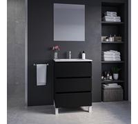 Saniclass Chaci PLUS Ensemble meuble de salle de bains - 60x86x46cm - lavabo en céramique blanc - 1 vasque ovale - 1 trou de robinet - 3 tiroirs - miroir rectangulaire - noir mat SW892696/SW718716/SW7