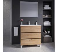 Saniclass Chaci PLUS Ensemble meuble de salle de bains - 80x86x46cm - lavabo en céramique blanc - 1 vasque - 1 trou de robinet - 3 tiroirs - miroir rectangulaire - chêne SW1212796/SW804531/SW724611