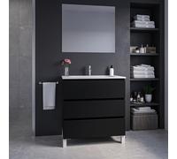 Saniclass Chaci PLUS Ensemble meuble de salle de bains - 80x86x46cm - lavabo en céramique blanc - 1 vasque ovale - 1 trou de robinet - 3 tiroirs - miroir rectangulaire - noir mat SW1212798/SW718717/SW