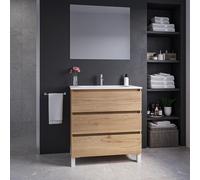 Saniclass Chaci PLUS Ensemble meuble de salle de bains - 80x86x46cm - lavabo en céramique blanc - 1 vasque ovale - 1 trou de robinet - 3 tiroirs - miroir rectangulaire - chêne SW1212796/SW718717/SW724