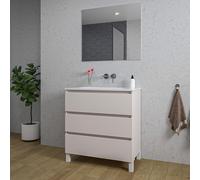 Saniclass Chaci PLUS Ensemble meuble de salle de bains - 80x86x46cm - lavabo en céramique blanc - 1 vasque - sans trous de robinet - 3 tiroirs - miroir rectangulaire - cotton mat (beige) SW1212797/SW7