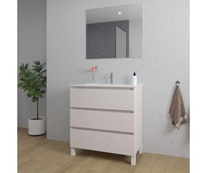 Saniclass Chaci PLUS Ensemble meuble de salle de bains - 80x86x46cm - lavabo en céramique blanc - 1 vasque ovale - 1 trou de robinet - 3 tiroirs - miroir rectangulaire - cotton mat (beige) SW1212797/S