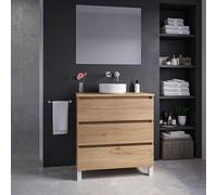 Saniclass Chaci PLUS Ensemble meuble de salle de bains - 80x86x46cm - vasque à poser - plan de toilette - 3 tiroirs - miroir rectangulaire - chêne SW1212796/SW892760/SW724611/SW241491