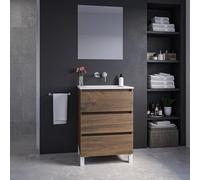 Saniclass Chaci PLUS Meuble de salle de bain - 60x86x46cm - lavabo en céramique blanc - 1 vasque - sans trous de robinet - 3 tiroirs - miroir rectangulaire - noyer SW1212790/SW724611/SW773925