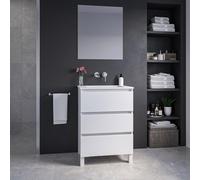 Saniclass Chaci PLUS Meuble de salle de bain - 60x86x46cm - lavabo en céramique blanc - 1 vasque - sans trous de robinet - 3 tiroirs - miroir rectangulaire - blanc mat SW1212792/SW724611/SW773925