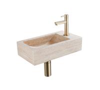 Saniclass Fuente Ensemble de fontaine - 40x22x10cm - trou de robinet à droite - robinet de fontaine en laiton brossé PVD - bouchon de vidange - siphon abaissé - pierre naturelle marbrée SW1244452/SW69